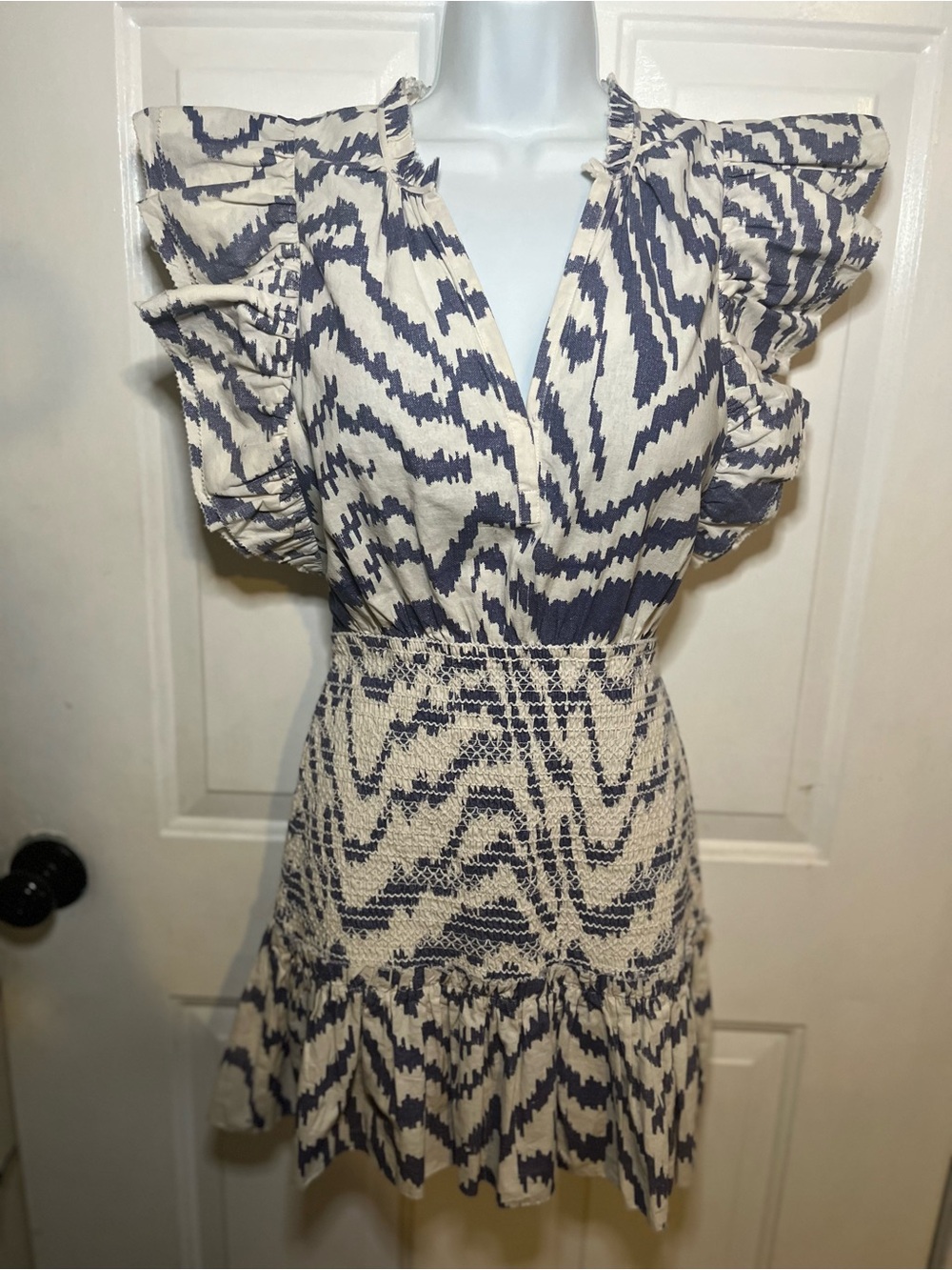 SAYLOR Cream and Navy Ruffle Mini Dress